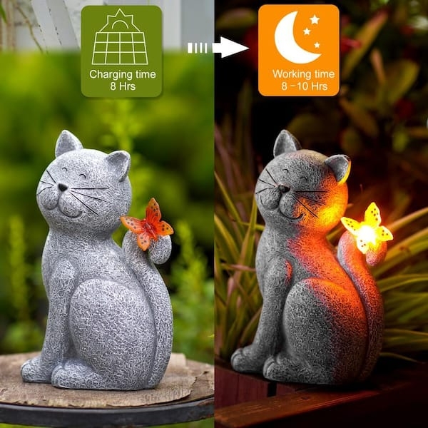 Garden Statue Cat Sculpture Glowing Butterfly Solar Powered