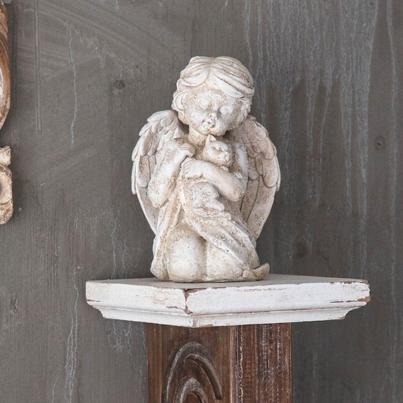 Garden Statue Cherub Holding Cat Aged Stone Weathered Angel Sculpture