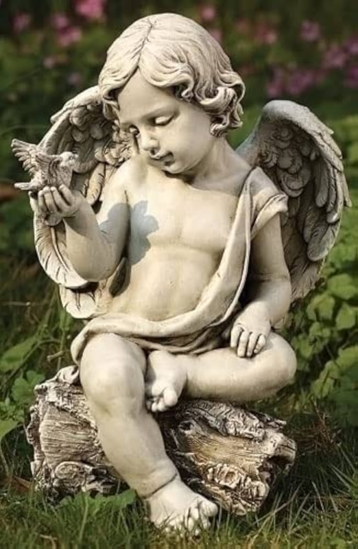 Garden Statue Cherub Holding Dove, Weathered Stone Finish