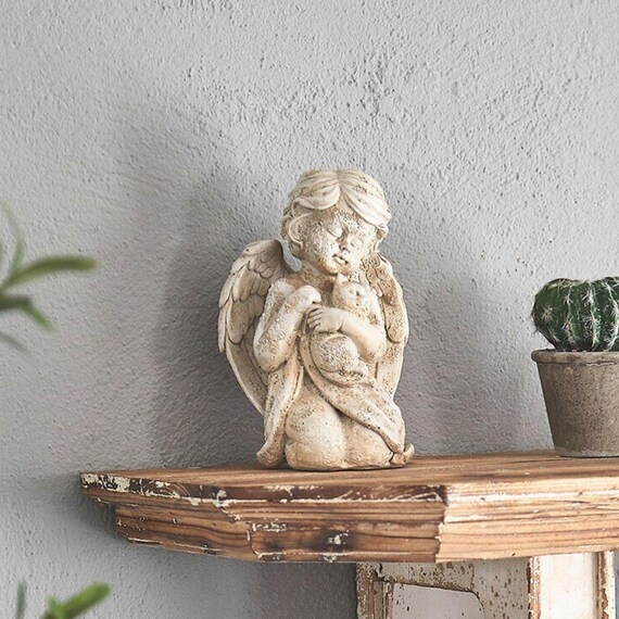Garden Statue Cherub With Cat Antiqued Finish Shabby Chic Decor