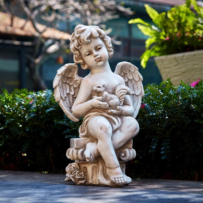 Garden Statue Cherub with Greek Column & Squirrel Detail