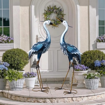 Garden Statue Crane Silhouette Pair Verdigris Finish Metal