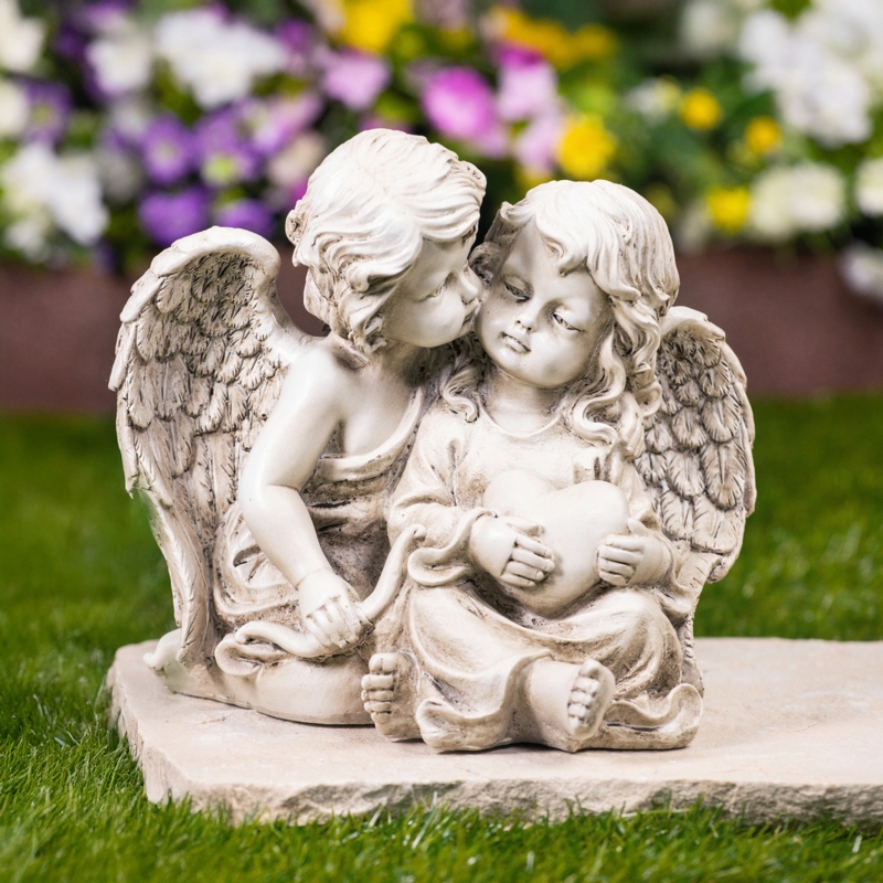 Garden Statue Double Cherubs Holding Heart Accent, Beige