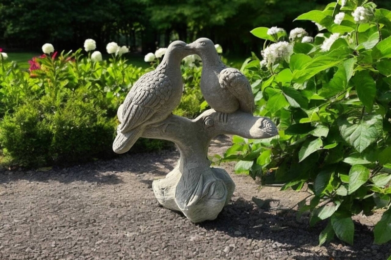 Garden Statue, Dove Pair, Weathered Concrete, Rustic Outdoor Lawn Decor