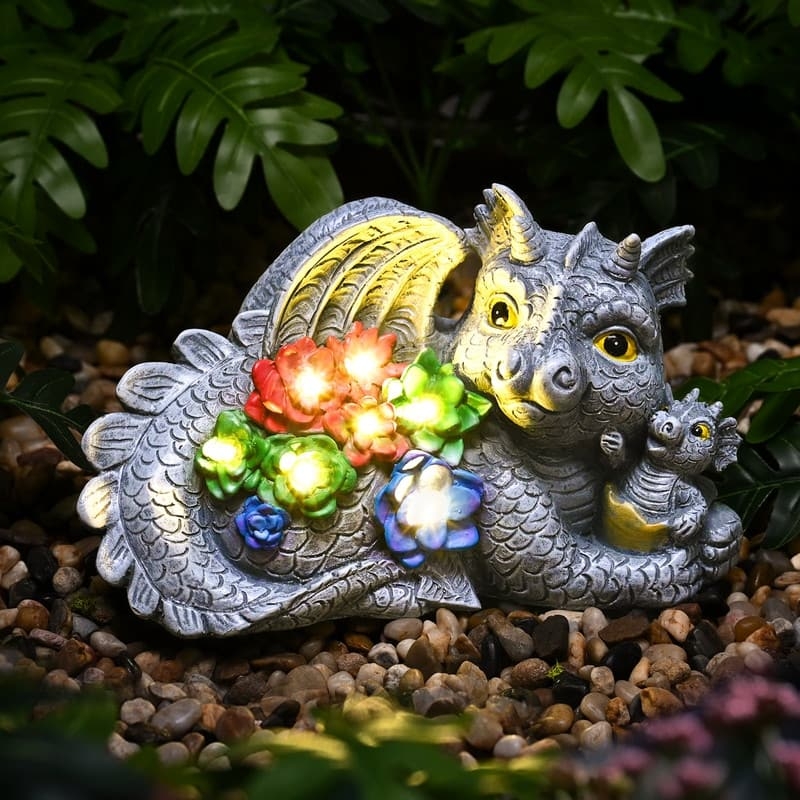 Garden Statue Dragon Figurine Glowing Solar Orb Cast Stone Look