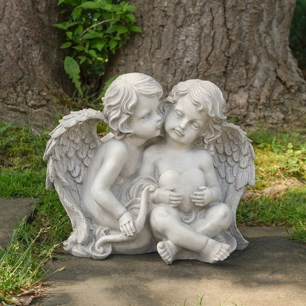 Garden Statue Dual Cherub Design with Symbolic Props, Gray