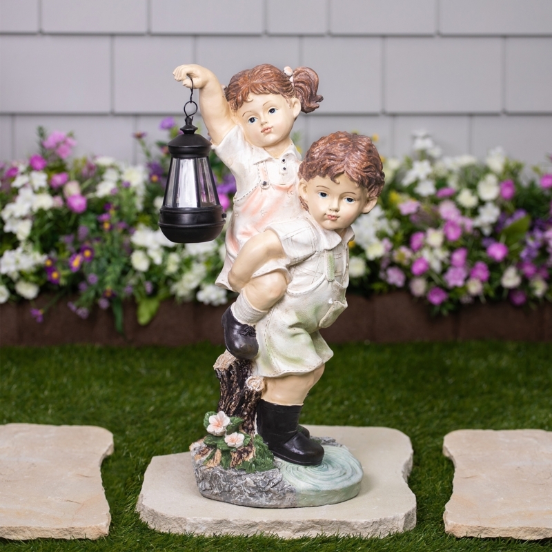 Garden Statue Dual Child Figures with Solar Lantern Charming Decor