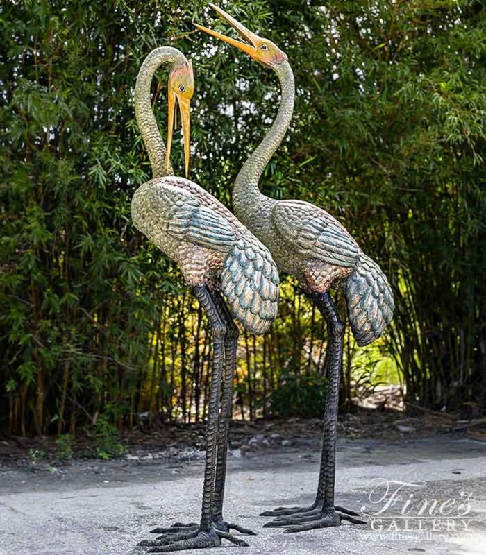 Garden Statue Eight Feet Tall Bronze Vivid Color Patina Bird Pair