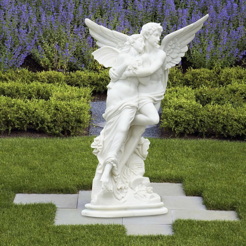 Garden Statue Embracing Angels Integrated Pedestal Off White Romantic Stone