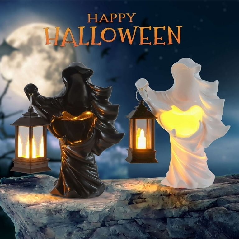 Garden Statue Faceless Ghost, Glowing Lantern, White Robed, Minimalist Decor
