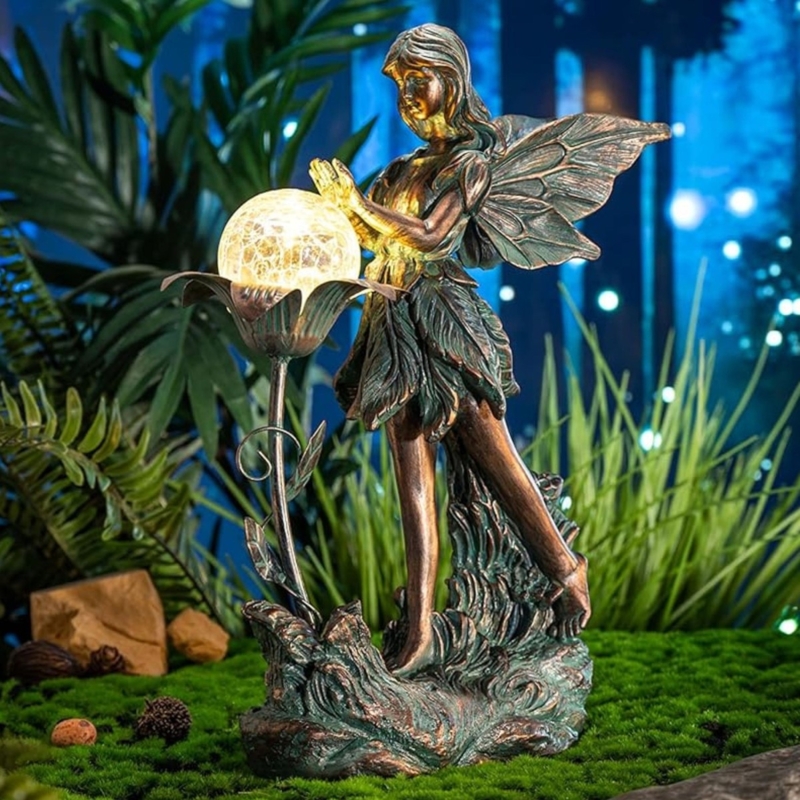 Garden Statue Fairy holding Lighted Crackle Glass Magical Decor