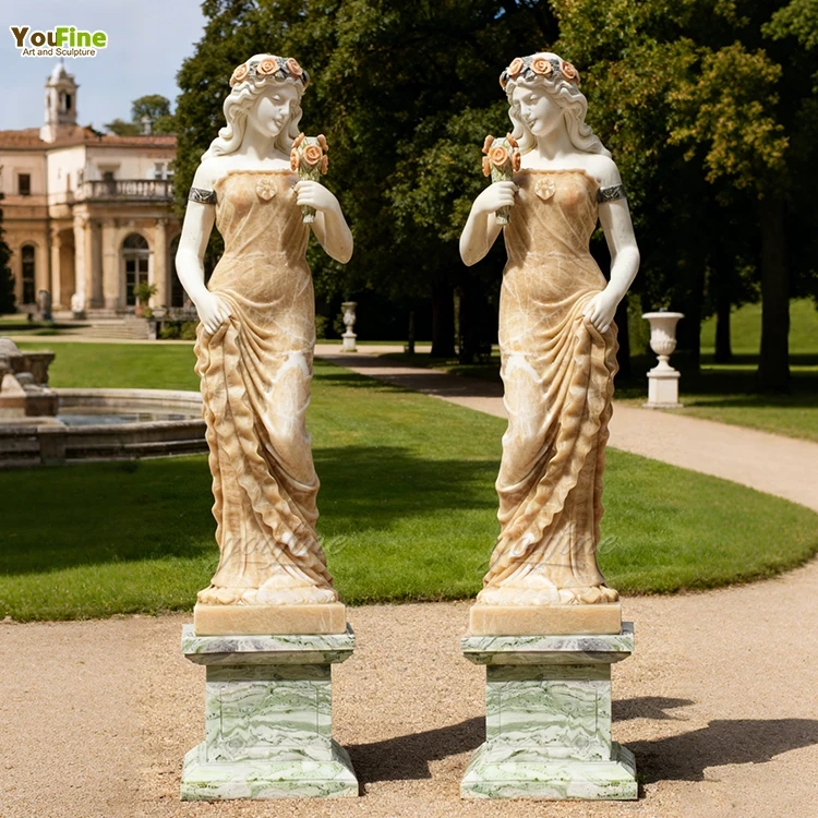 Garden Statue Female Figure with Flowers on Fluted Square Pedestal