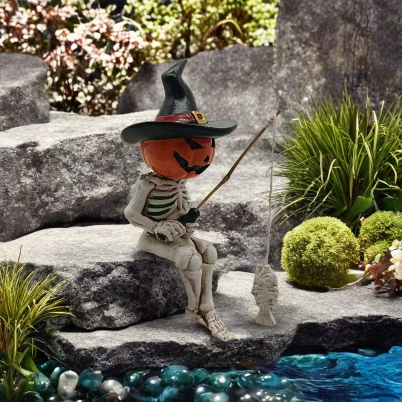 Garden Statue Fishing Skeleton, Miniature Scale, Sitting Pose, Pond Decor