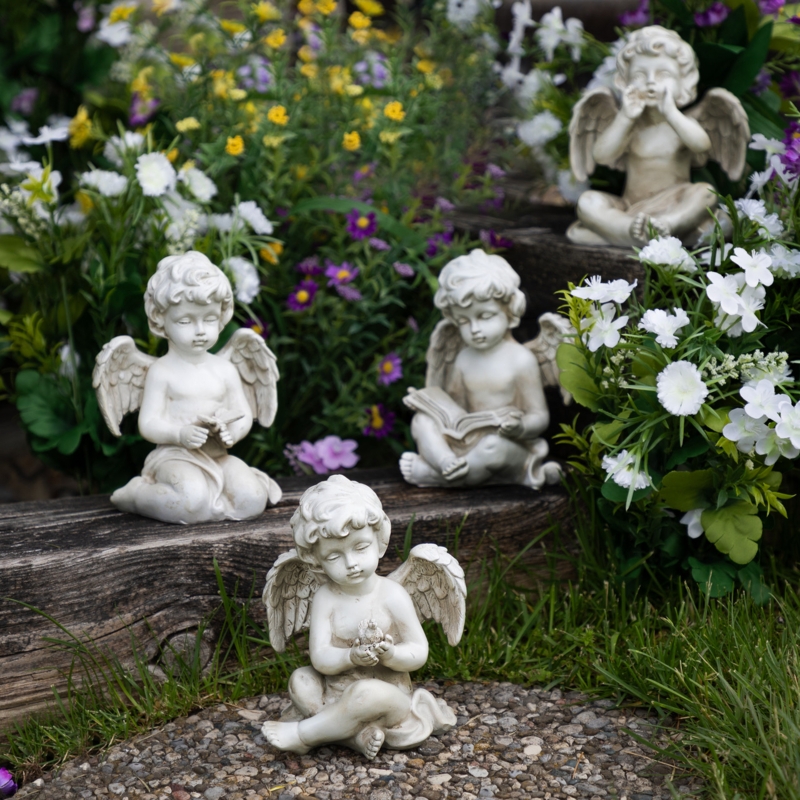 Garden Statue Four-Piece Set Gray Weathered Stone Cherubs