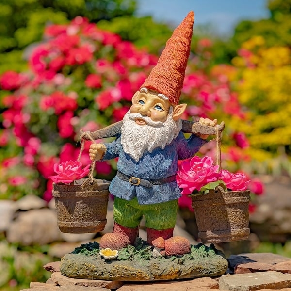 Garden Statue Gnome Holding Two Buckets, Colorful Spring Garden Accents