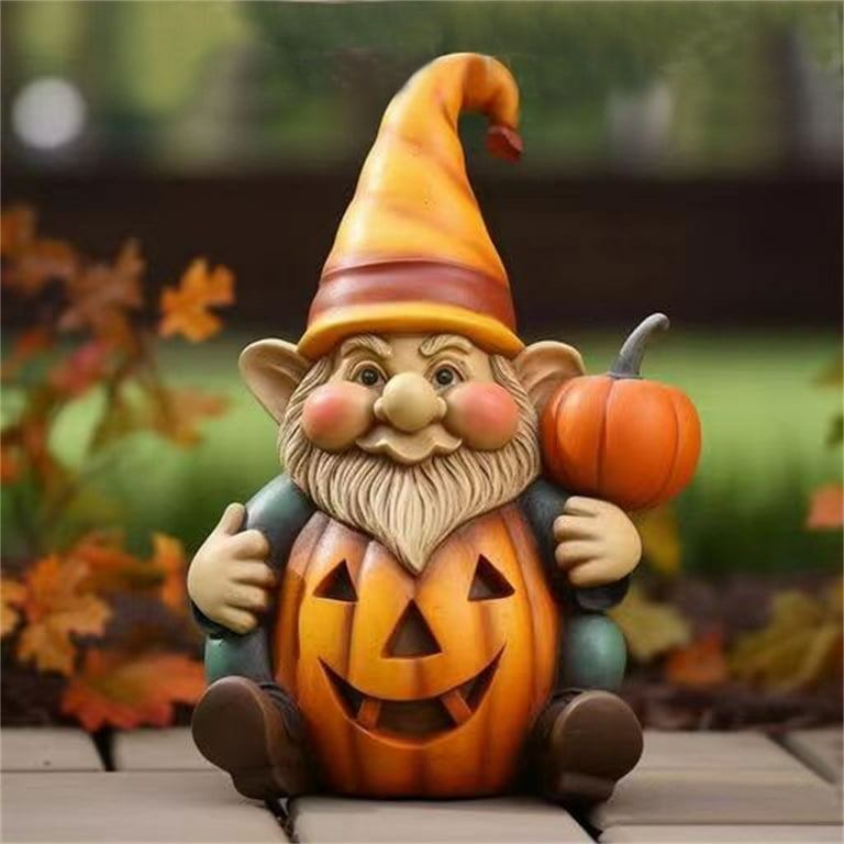 Garden Statue Gnome on Pumpkin, Holding Lantern, Bat Hat, Whimsical Decor