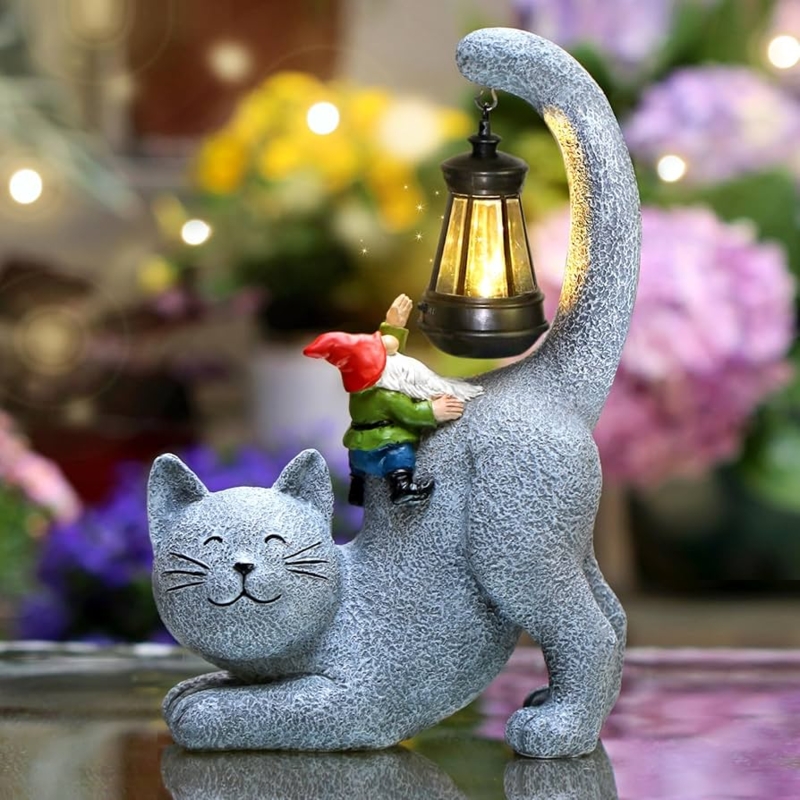 Garden Statue Gnome Riding Cat Solar Lantern Textured Gray
