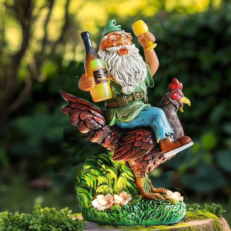Garden Statue Gnome Riding Rooster, Funny Outdoor Rooster Sculptures