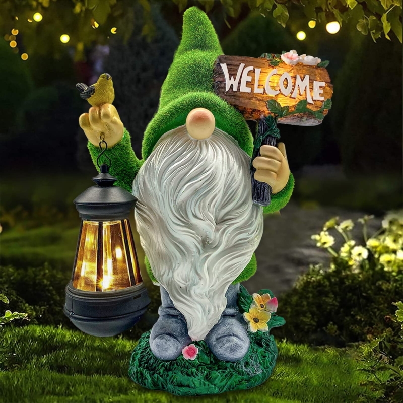Garden Statue Gnome Welcome Sign Flocked Finish Solar Lantern