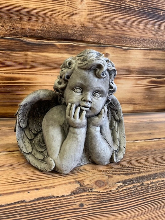 Garden Statue Gray Winged Cherub, Large Weathered Texture