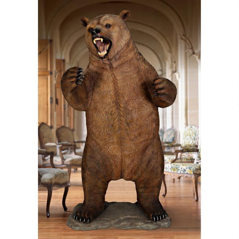 Garden Statue, Grizzly On Rock Pedestal Base, Realistic Life Size Scale