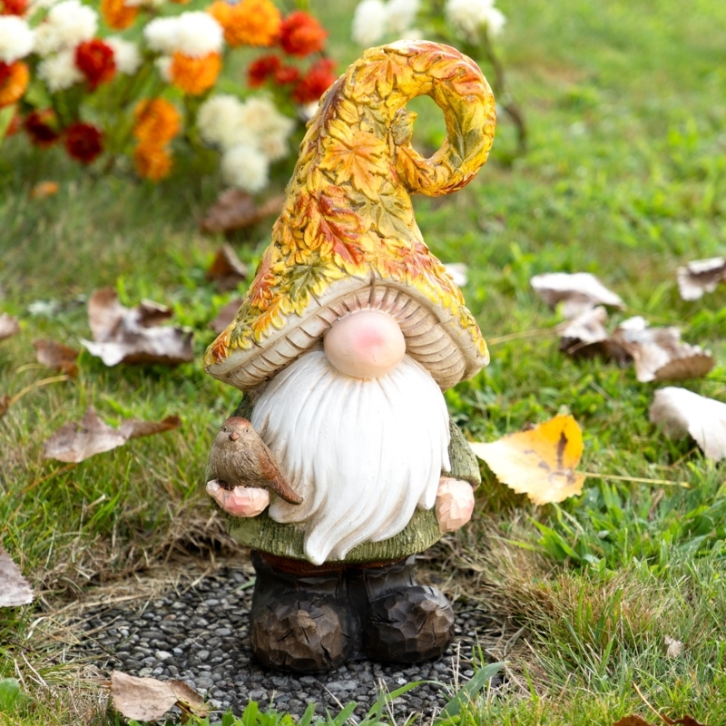 Garden Statue Harvest Gnome with Maple Leaf Hat, Autumn Outdoor Decor