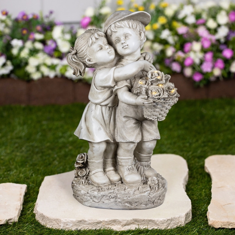 Garden Statue Hugging Child Figures Solar Lighted Nostalgic Decor