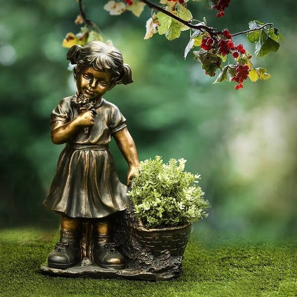 Garden Statue Integrated Basket Verdigris Finish Bronze Girl Planter