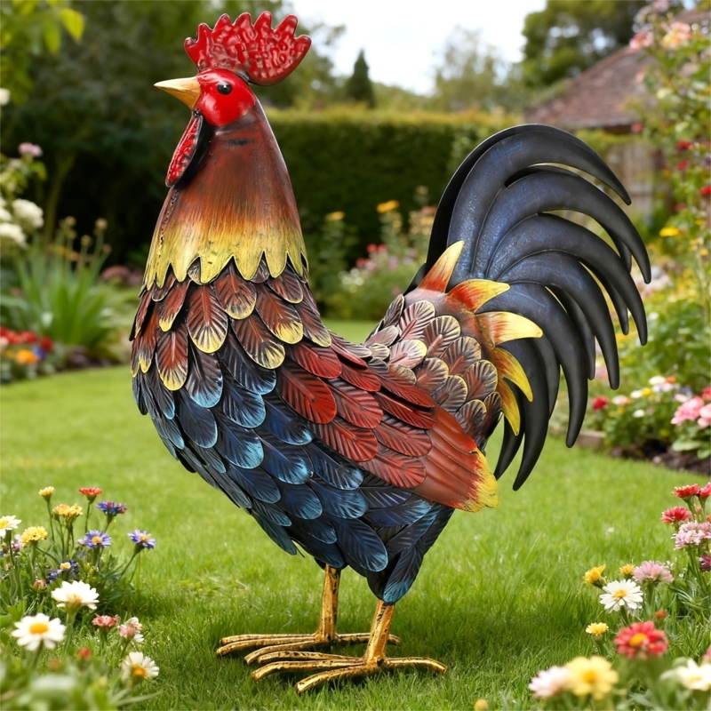 Garden Statue Iridescent Plumage Layered Metal Work Colorful Decor