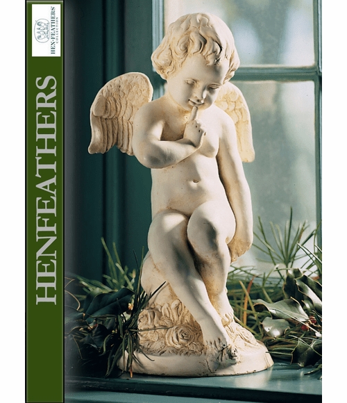 Garden Statue Kneeling Angel with Weathered Mossy Patina
