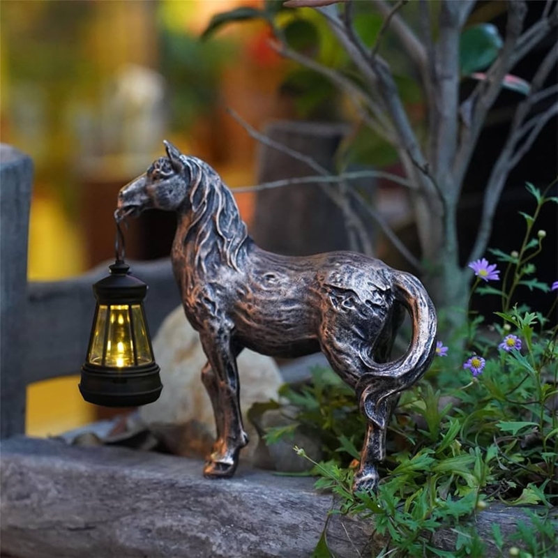 Garden Statue Lantern In Mouth Weathered Bronze Rustic Horse Statue