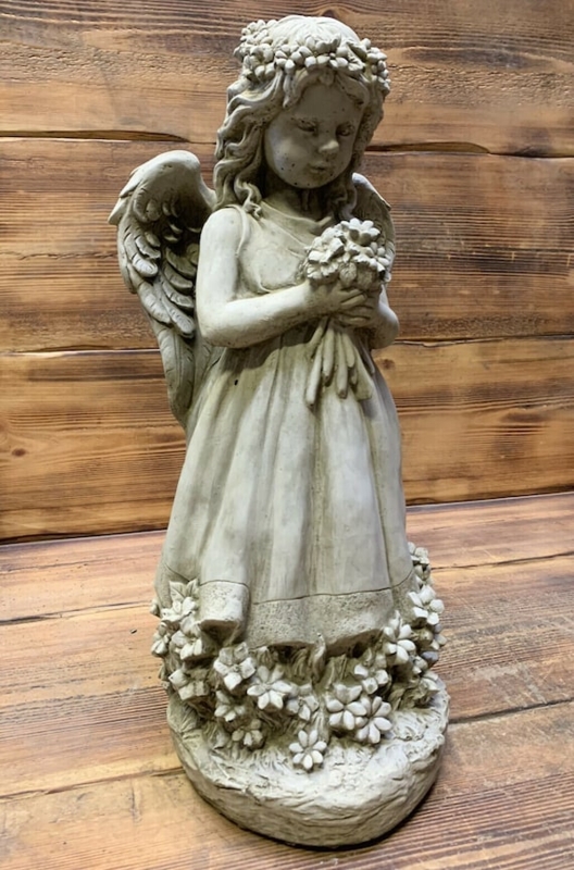 Garden Statue Large Winged Cherub Holding Flowers, Stone-Like