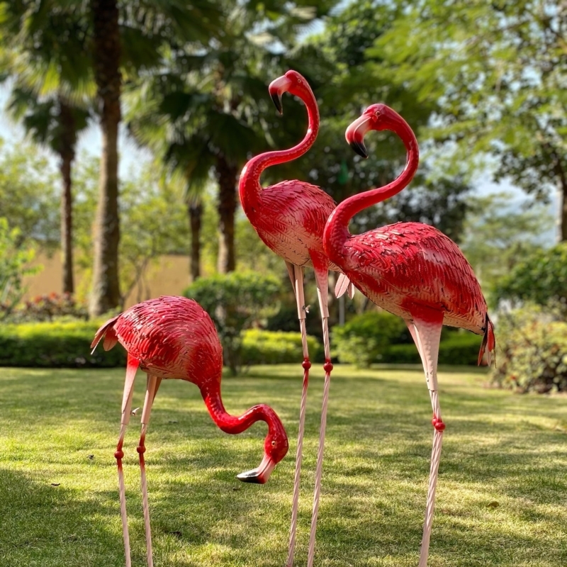 Garden Statue Life-Size Trio Set Pink Metal Whimsical Flamingo Decor