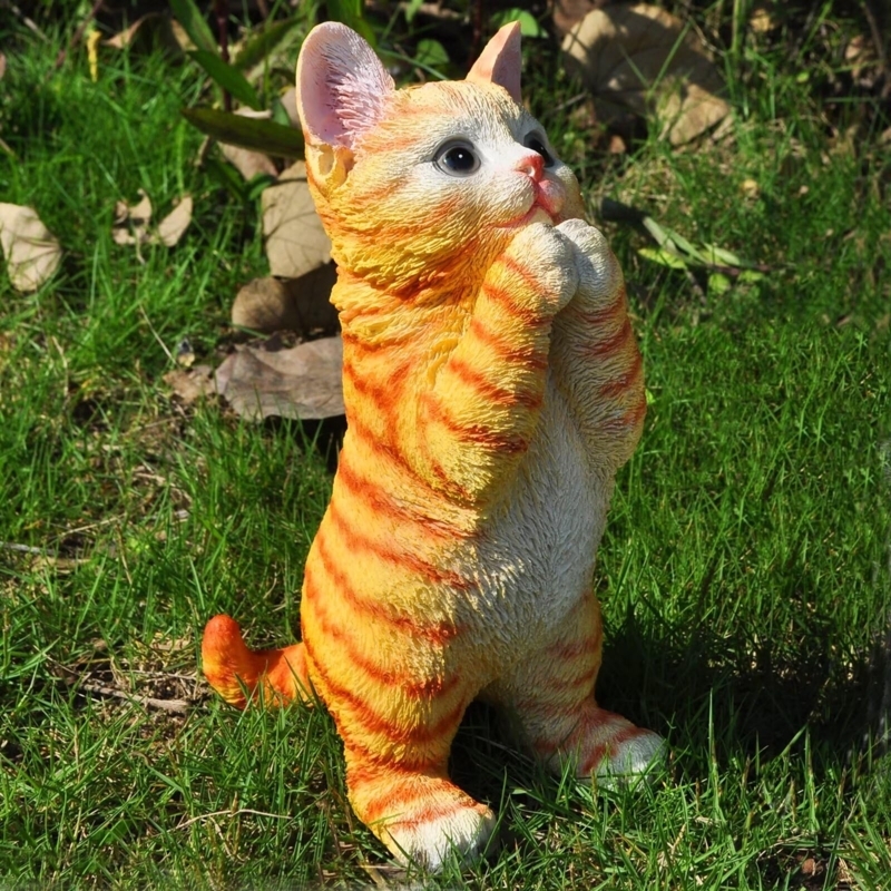 Garden Statue Lifelike Fur Texture Orange Tabby Pattern Resin Sitting Pose