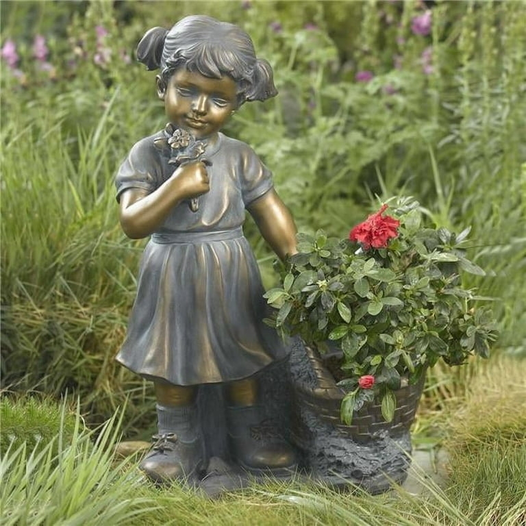 Garden Statue Log Accent Flower Basket Cottagecore Girl Figurine