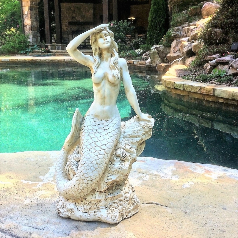 Garden Statue Mermaid Motif Antique Finish Textured Surface Sitting