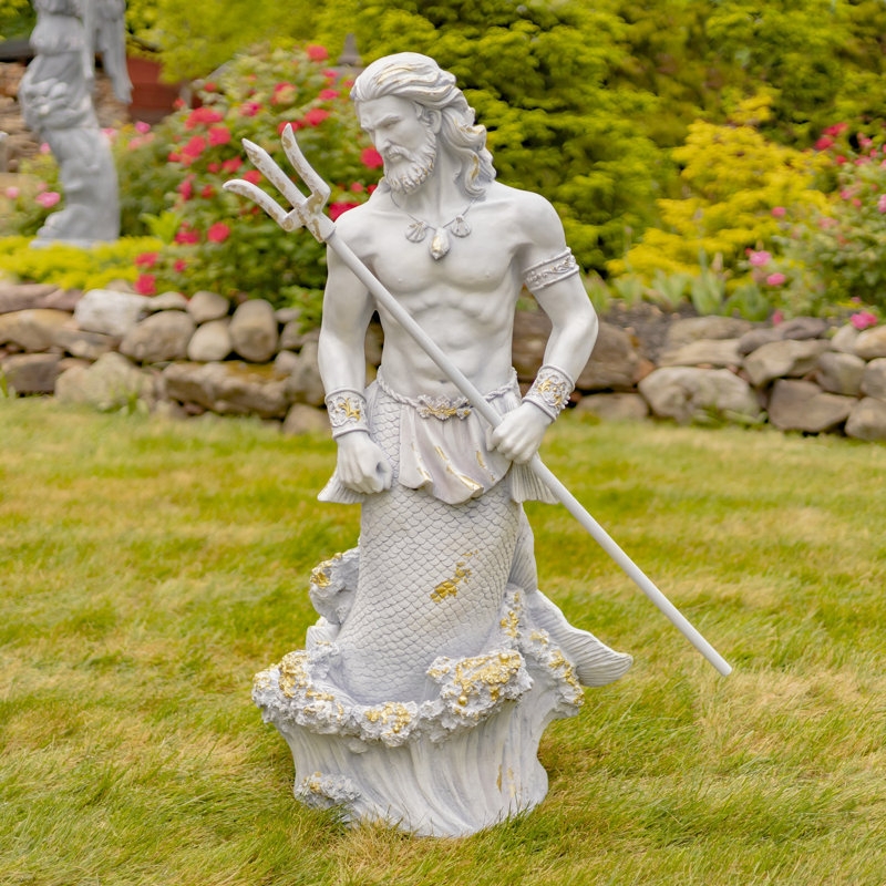 Garden Statue Merman Antique Gray Finish Shell Accent Coastal Decor