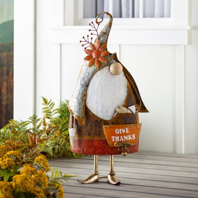 Garden Statue Metal Gnome with Give Thanks Typography & Sunflower