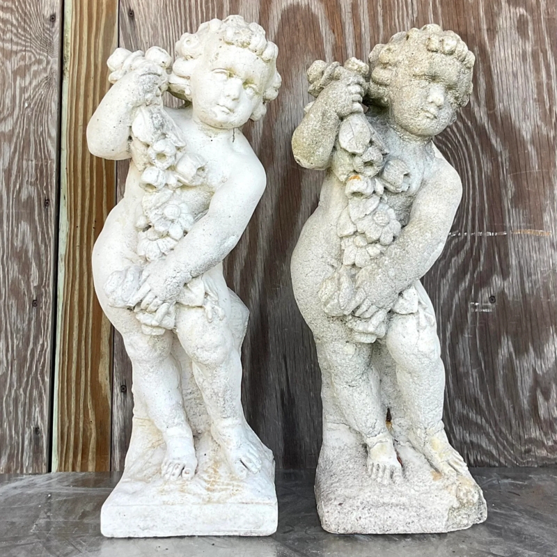 Garden Statue Pair Allegorical Figures Antique Concrete Plinth