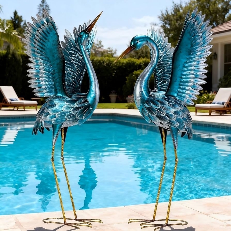 Garden Statue Pair Bronze Accents Patinated Finish Coastal Heron Decor