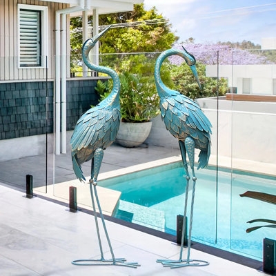 Garden Statue Pair Stylized Cranes Teal Blue Finish Gold Toned Legs Set