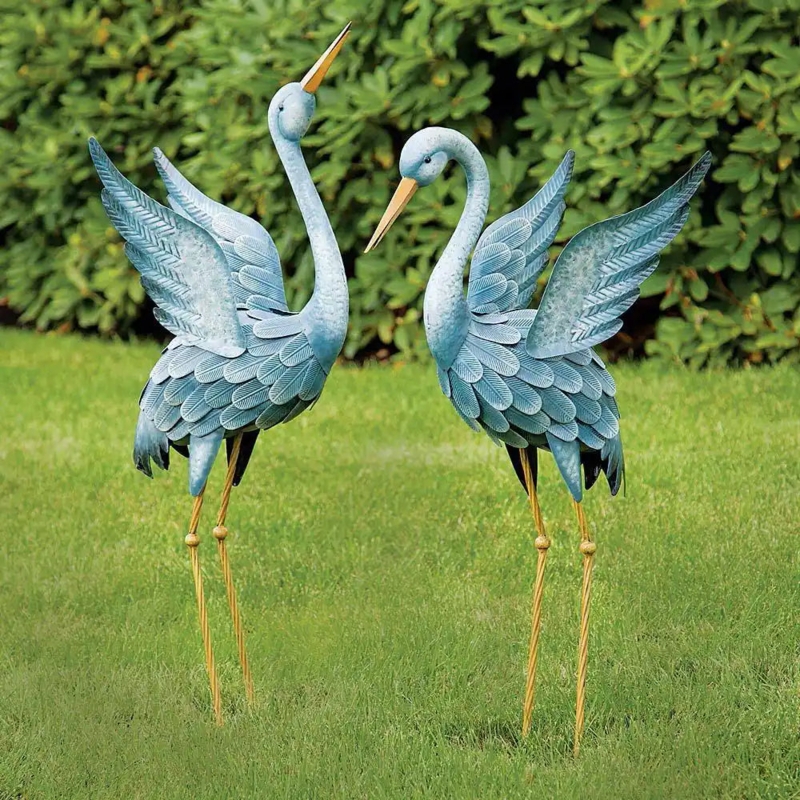 Garden Statue Pair Two Tone Plumage Blue White Heron Traditional Accents