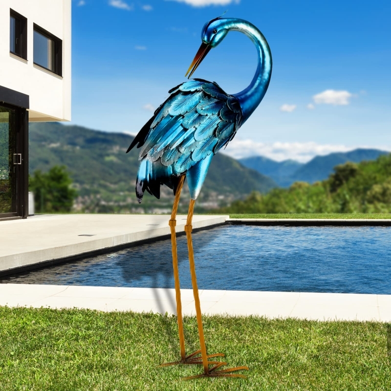Garden Statue Pair Weathered Blue Finish Rustic Metal Crane Sculptures