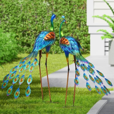 Garden Statue Peacock Form Vibrant Jewel Tones Fanned Tail Decor