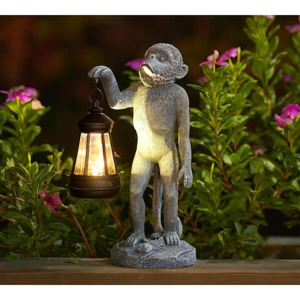 Garden Statue Playful Monkey with Integrated Solar Lantern Charming