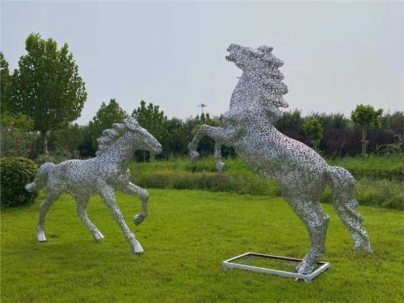 Garden Statue Polished Metal Hollow Lattice Horse Internal Glow Modern