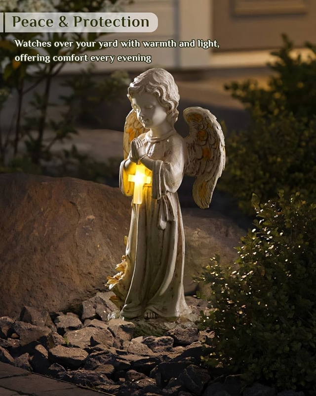 Garden Statue Praying Angel with Lighted Cross Memorial Decor