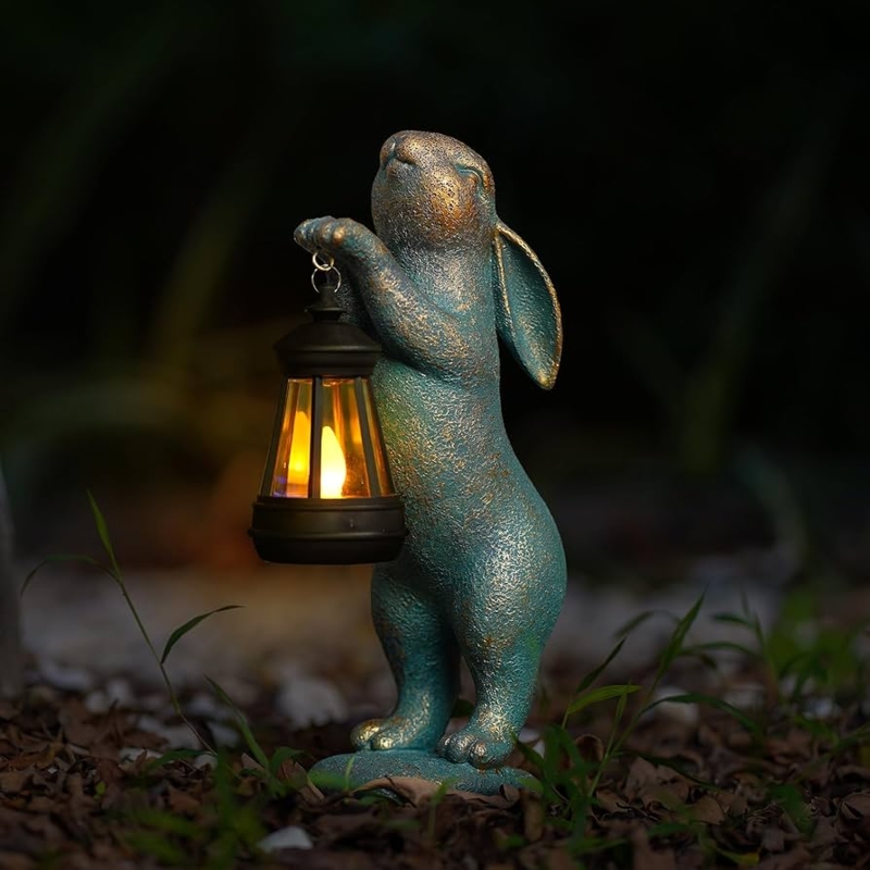 Garden Statue Rabbit With Solar Lantern Distressed Finish
