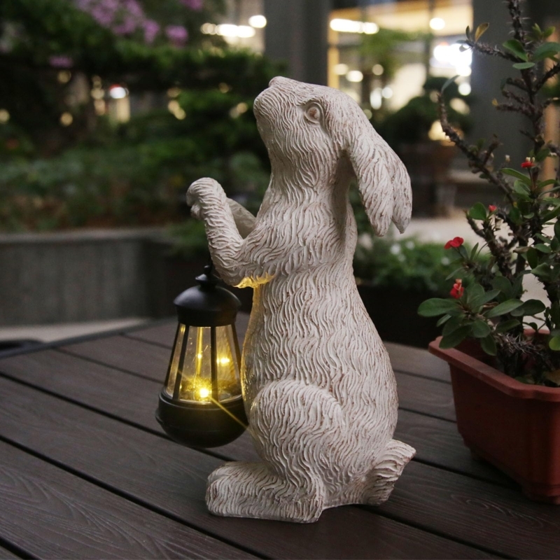 Garden Statue Rabbit with Solar Powered Lantern & Fairy Lights