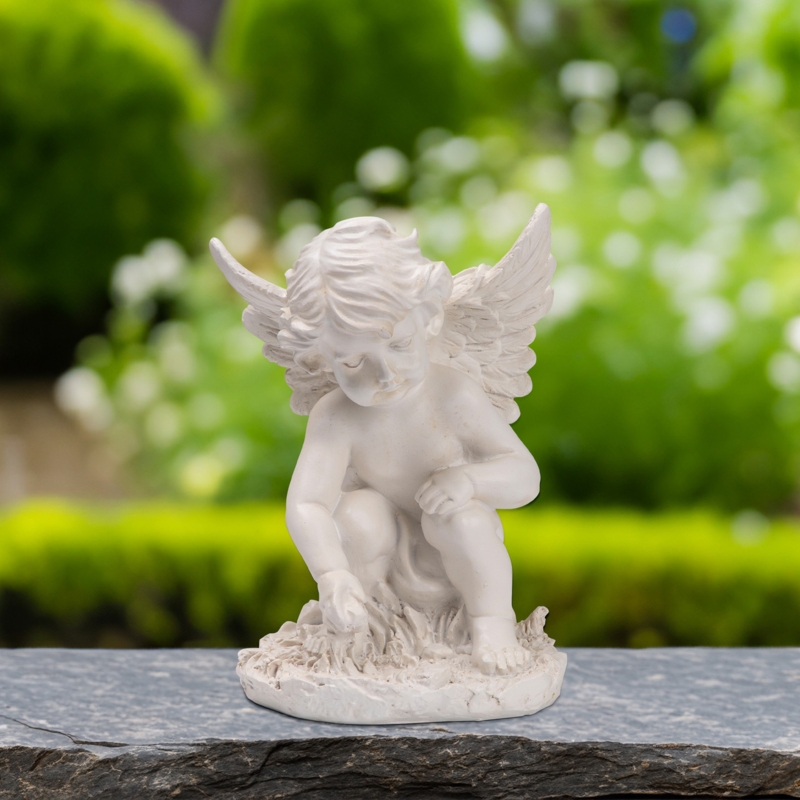 Garden Statue Reaching Cherub Pose, Distressed Ivory Finish